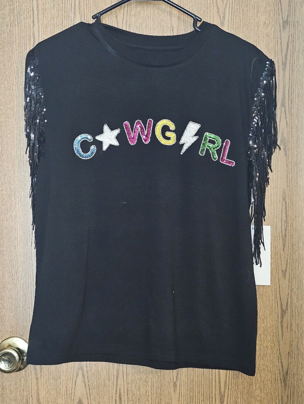 Womend Black Sequin Fringe Graphic Tee - CWGIRL